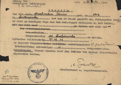 Пропуск, выданный немецкими оккупационными властями.