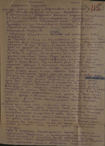 Протокол опознания трупов секретаря Писаревского РК ВКП(б) П. А. Шевченко и С. И. Иванищева, обнаруженных в с. Андрюшевка Писаревского района