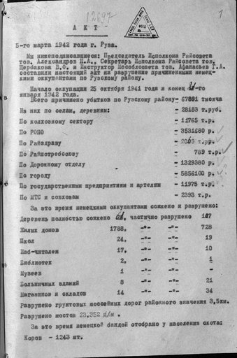 Акт на разрушения, причиненные немецкими оккупантами по Рузскому району
